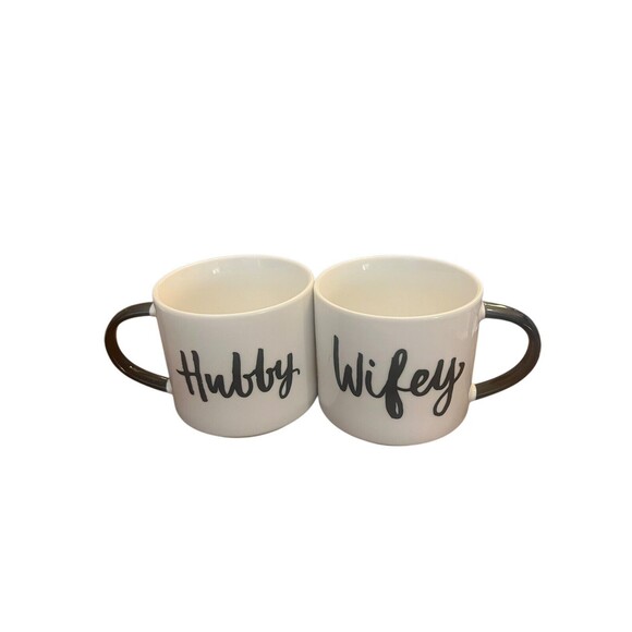 Wifey Hubby Porcelain Coffee Cup Mugs Set Stackable Newlyweds Married Life Cute - Picture 4 of 8